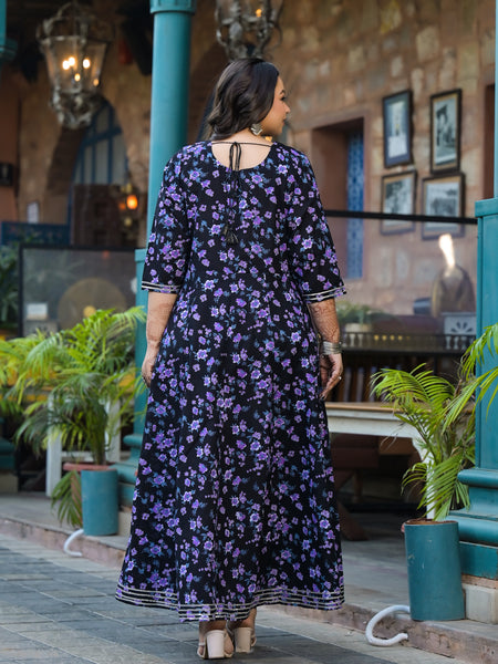 Cotton Embroidered Anarkali With Dupatta Set | Three-Quarter Sleeves (Plus Size)