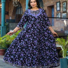 Cotton Embroidered Anarkali With Dupatta Set | Three-Quarter Sleeves (Plus Size)