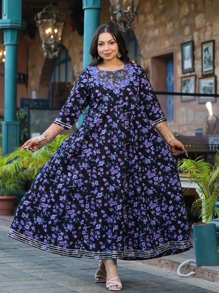 Cotton Embroidered Anarkali With Dupatta Set | Three-Quarter Sleeves (Plus Size)