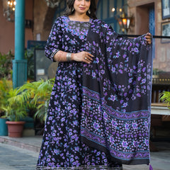 Cotton Embroidered Anarkali With Dupatta Set | Three-Quarter Sleeves (Plus Size)