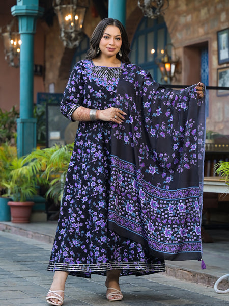 Cotton Embroidered Anarkali With Dupatta Set | Three-Quarter Sleeves (Plus Size)