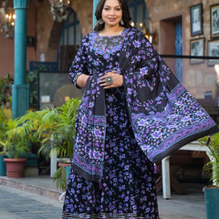 Cotton Embroidered Anarkali With Dupatta Set | Three-Quarter Sleeves (Plus Size)