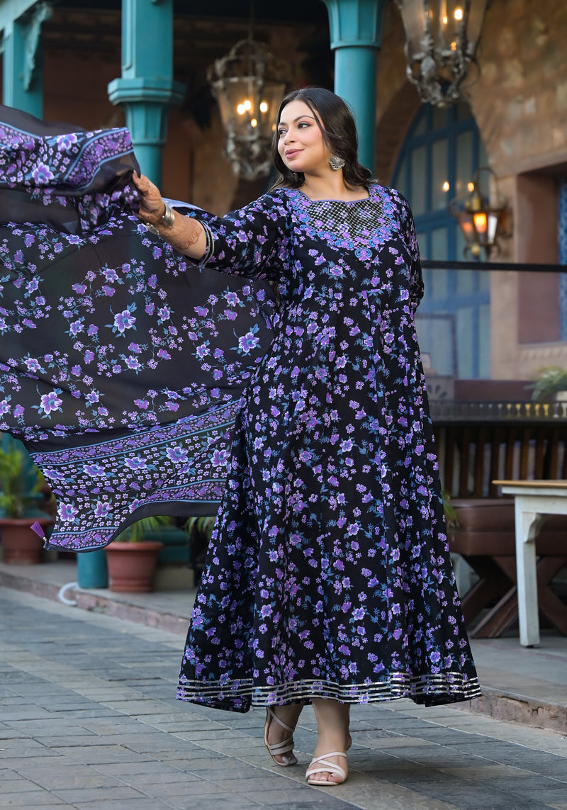 Cotton Embroidered Anarkali With Dupatta Set | Three-Quarter Sleeves (Plus Size)