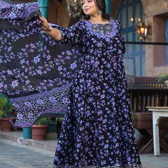 Cotton Embroidered Anarkali With Dupatta Set | Three-Quarter Sleeves (Plus Size)