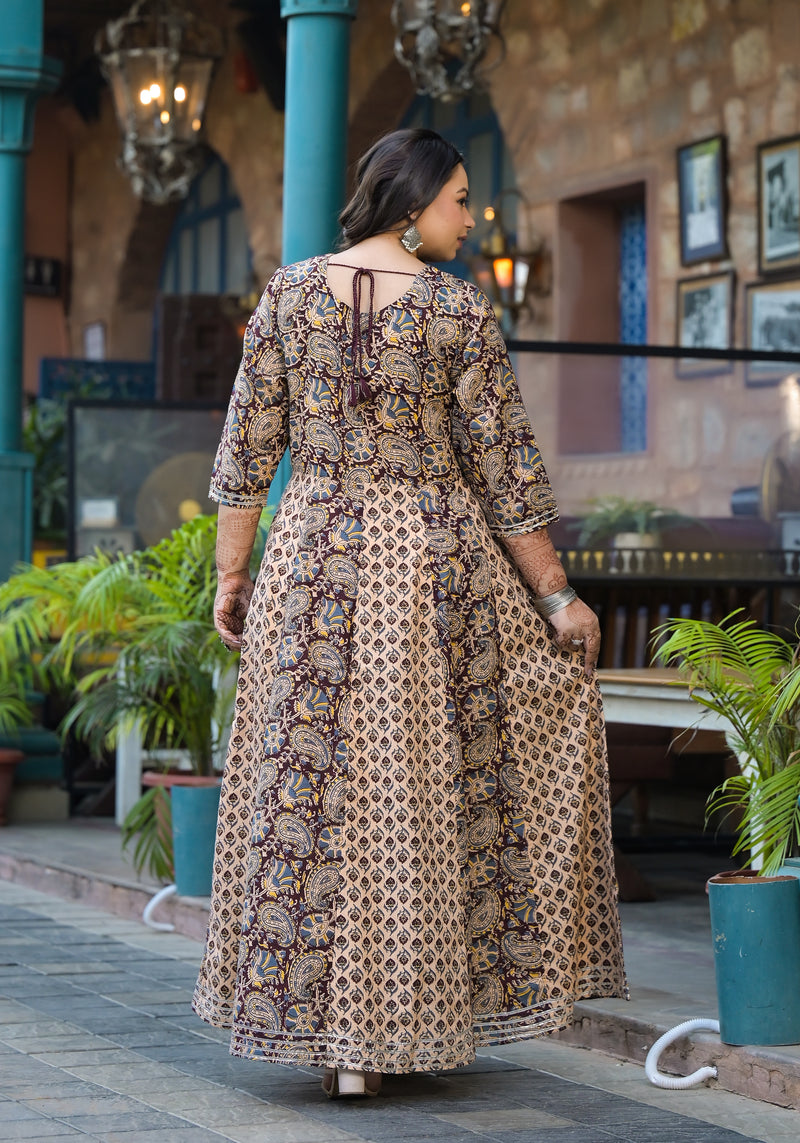 Cotton Embroidered Anarkali With Dupatta Set Three-Quarter Sleeves (Plus Size)