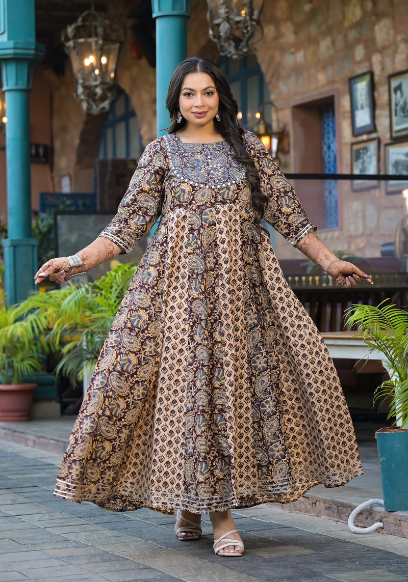 Cotton Embroidered Anarkali With Dupatta Set Three-Quarter Sleeves (Plus Size)