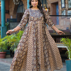 Cotton Embroidered Anarkali With Dupatta Set Three-Quarter Sleeves (Plus Size)
