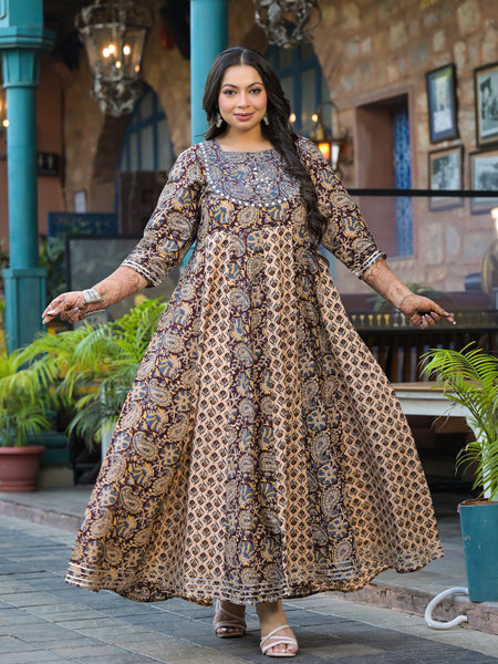 Cotton Embroidered Anarkali With Dupatta Set Three-Quarter Sleeves (Plus Size)