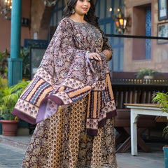 Cotton Embroidered Anarkali With Dupatta Set Three-Quarter Sleeves (Plus Size)