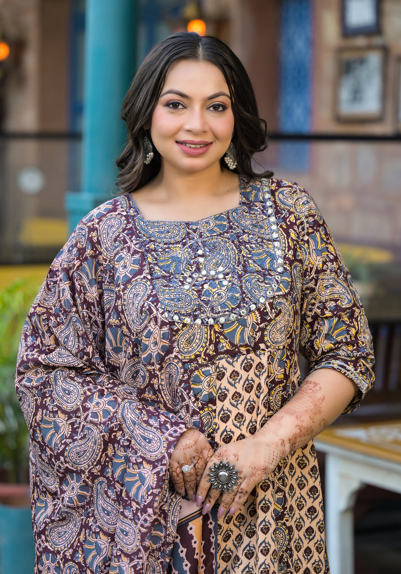 Cotton Embroidered Anarkali With Dupatta Set Three-Quarter Sleeves (Plus Size)