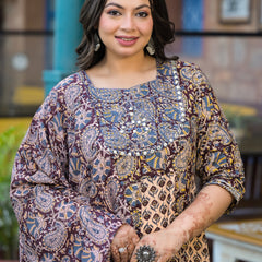 Cotton Embroidered Anarkali With Dupatta Set Three-Quarter Sleeves (Plus Size)