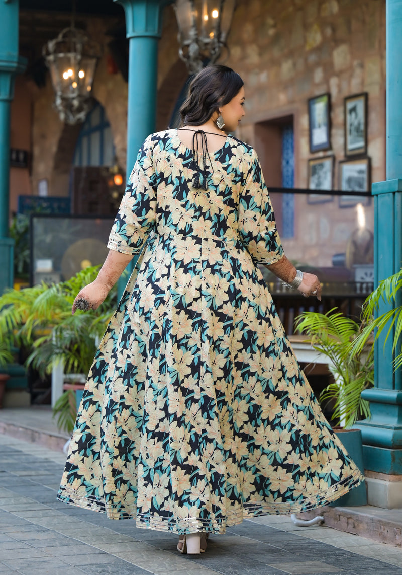 Cotton Embroidered Anarkali With Dupatta Set | Three-Quarter Sleeves (Plus Size)