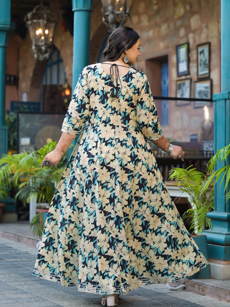 Cotton Embroidered Anarkali With Dupatta Set | Three-Quarter Sleeves (Plus Size)