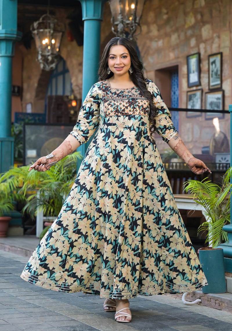 Cotton Embroidered Anarkali With Dupatta Set | Three-Quarter Sleeves (Plus Size)