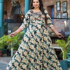 Cotton Embroidered Anarkali With Dupatta Set | Three-Quarter Sleeves (Plus Size)