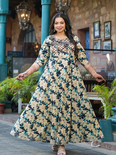 Cotton Embroidered Anarkali With Dupatta Set | Three-Quarter Sleeves (Plus Size)