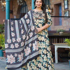 Cotton Embroidered Anarkali With Dupatta Set | Three-Quarter Sleeves (Plus Size)