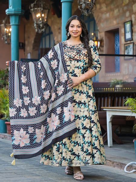 Cotton Embroidered Anarkali With Dupatta Set | Three-Quarter Sleeves (Plus Size)