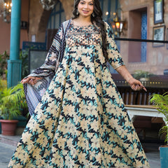 Cotton Embroidered Anarkali With Dupatta Set | Three-Quarter Sleeves (Plus Size)