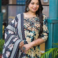 Cotton Embroidered Anarkali With Dupatta Set | Three-Quarter Sleeves (Plus Size)