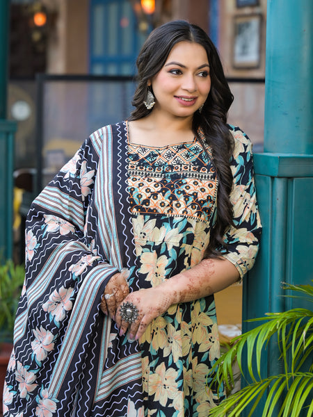 Cotton Embroidered Anarkali With Dupatta Set | Three-Quarter Sleeves (Plus Size)