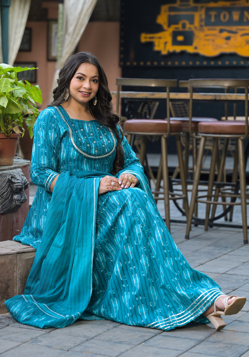 Cotton Embroidered Anarkali With Dupatta Set | Three-Quarter Sleeves (Plus Size)