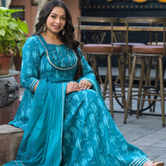 Cotton Embroidered Anarkali With Dupatta Set | Three-Quarter Sleeves (Plus Size)