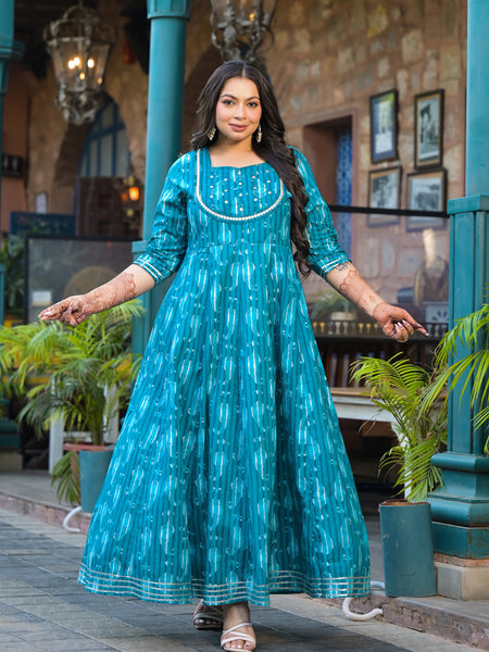 Cotton Embroidered Anarkali With Dupatta Set | Three-Quarter Sleeves (Plus Size)