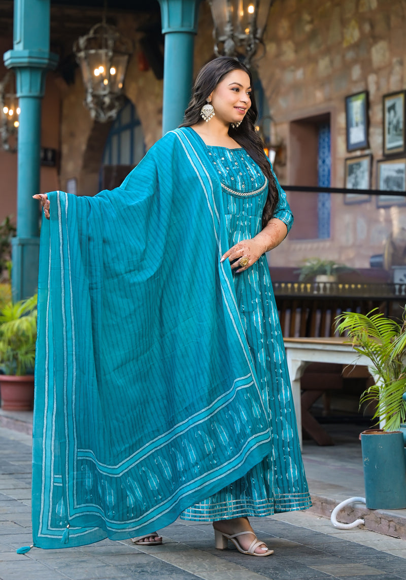 Cotton Embroidered Anarkali With Dupatta Set | Three-Quarter Sleeves (Plus Size)