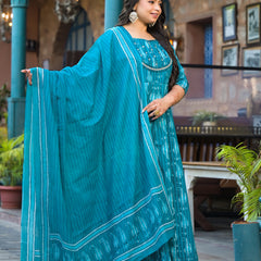 Cotton Embroidered Anarkali With Dupatta Set | Three-Quarter Sleeves (Plus Size)