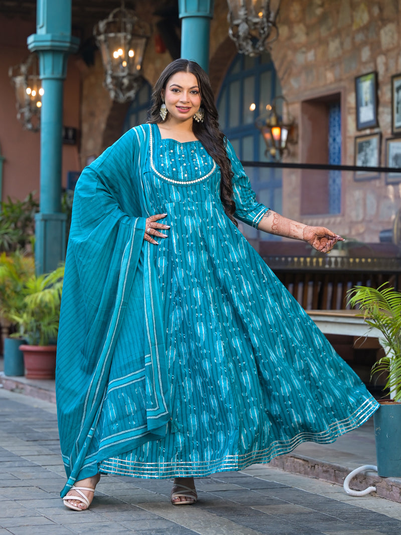 Cotton Embroidered Anarkali With Dupatta Set | Three-Quarter Sleeves (Plus Size)