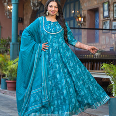 Cotton Embroidered Anarkali With Dupatta Set | Three-Quarter Sleeves (Plus Size)