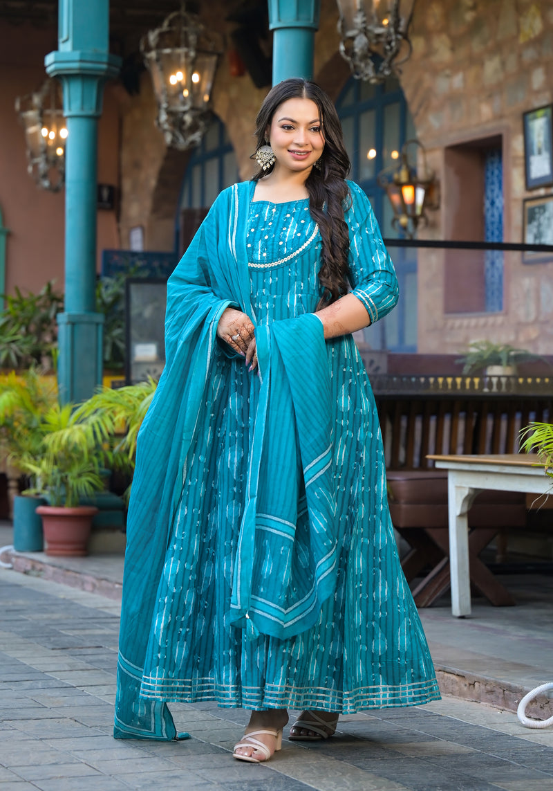Cotton Embroidered Anarkali With Dupatta Set | Three-Quarter Sleeves (Plus Size)