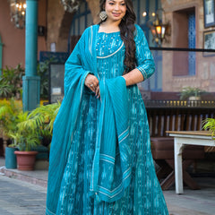 Cotton Embroidered Anarkali With Dupatta Set | Three-Quarter Sleeves (Plus Size)