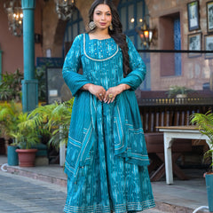 Cotton Embroidered Anarkali With Dupatta Set | Three-Quarter Sleeves (Plus Size)