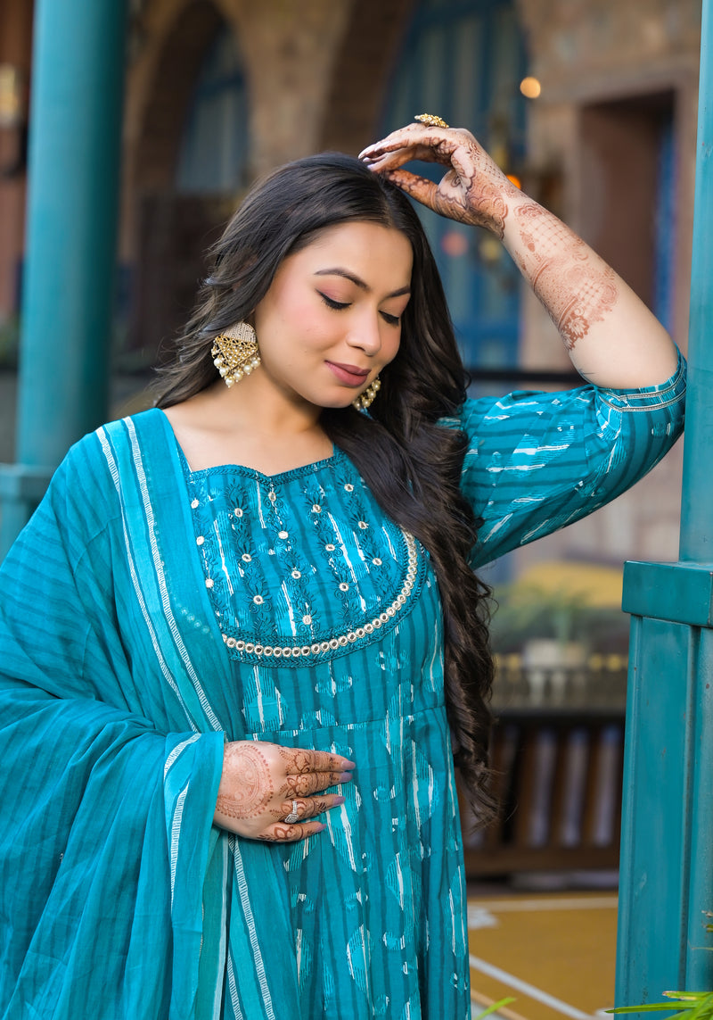 Cotton Embroidered Anarkali With Dupatta Set | Three-Quarter Sleeves (Plus Size)