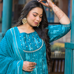 Cotton Embroidered Anarkali With Dupatta Set | Three-Quarter Sleeves (Plus Size)