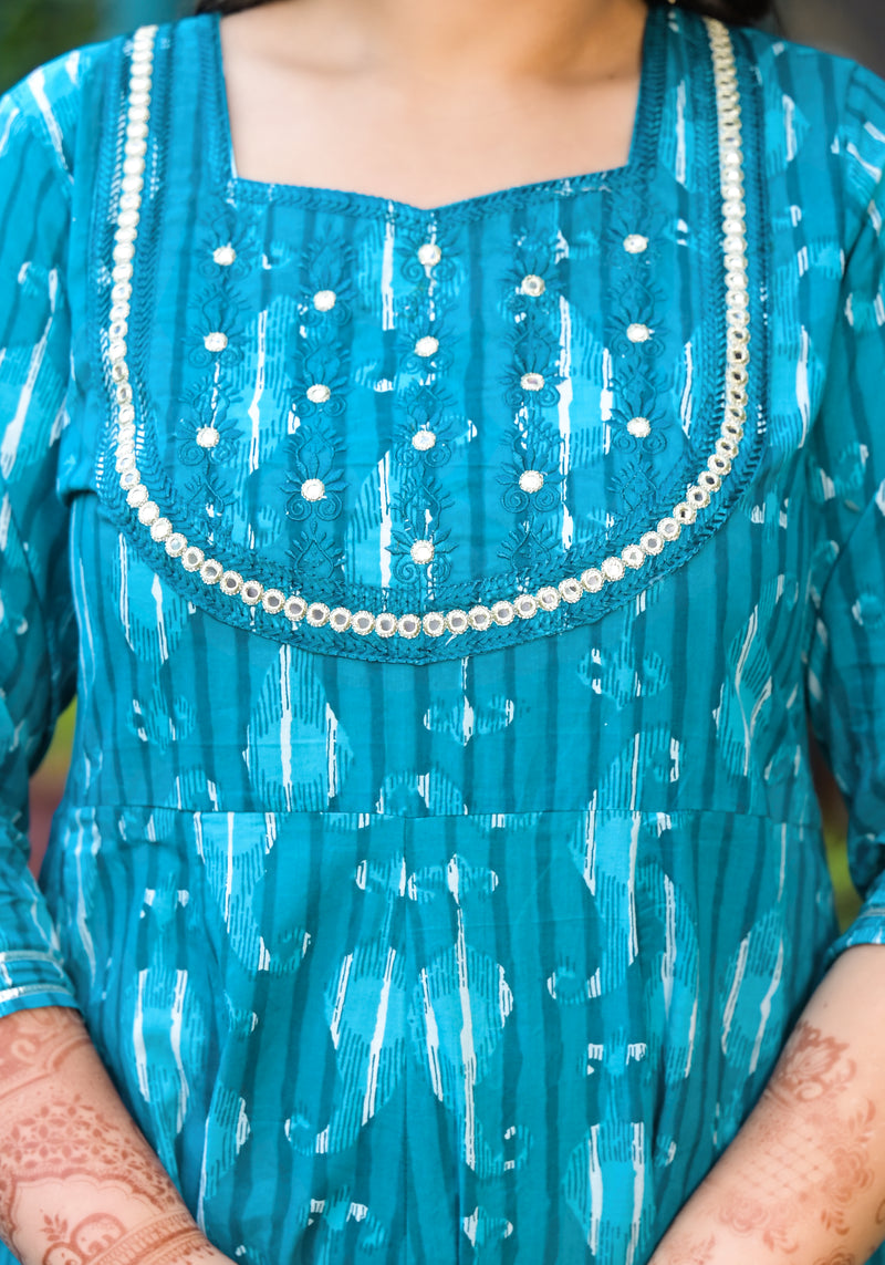 Cotton Embroidered Anarkali With Dupatta Set | Three-Quarter Sleeves (Plus Size)