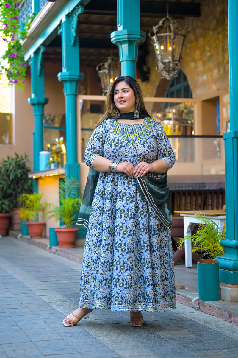 Cotton Embroidered Anarkali With Dupatta Set | Three-Quarter Sleeves (Plus Size)