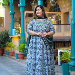 Cotton Embroidered Anarkali With Dupatta Set | Three-Quarter Sleeves (Plus Size)