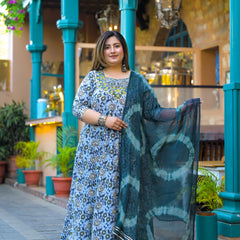 Cotton Embroidered Anarkali With Dupatta Set | Three-Quarter Sleeves (Plus Size)