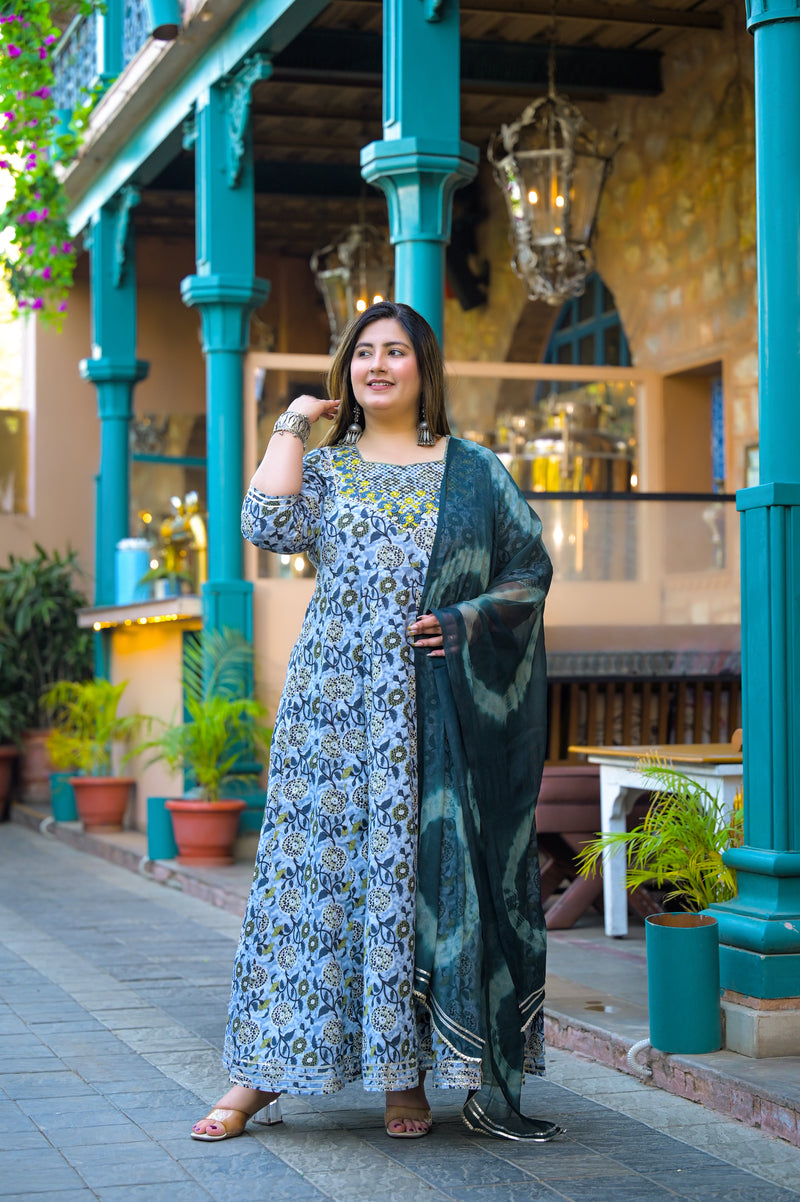 Cotton Embroidered Anarkali With Dupatta Set | Three-Quarter Sleeves (Plus Size)