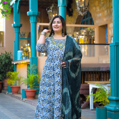 Cotton Embroidered Anarkali With Dupatta Set | Three-Quarter Sleeves (Plus Size)