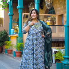 Cotton Embroidered Anarkali With Dupatta Set | Three-Quarter Sleeves (Plus Size)