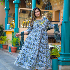 Cotton Embroidered Anarkali With Dupatta Set | Three-Quarter Sleeves (Plus Size)