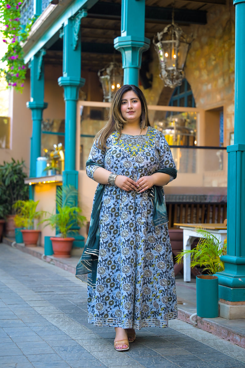 Cotton Embroidered Anarkali With Dupatta Set | Three-Quarter Sleeves (Plus Size)