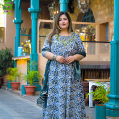 Cotton Embroidered Anarkali With Dupatta Set | Three-Quarter Sleeves (Plus Size)