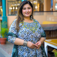 Cotton Embroidered Anarkali With Dupatta Set | Three-Quarter Sleeves (Plus Size)