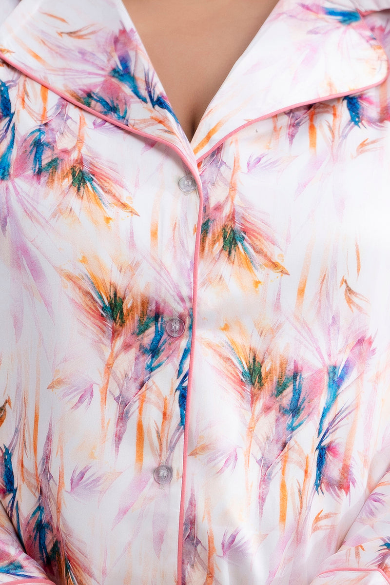 Light Pink Satin Printed Long Shirt & Pyjama Night Suit (Plus Size)