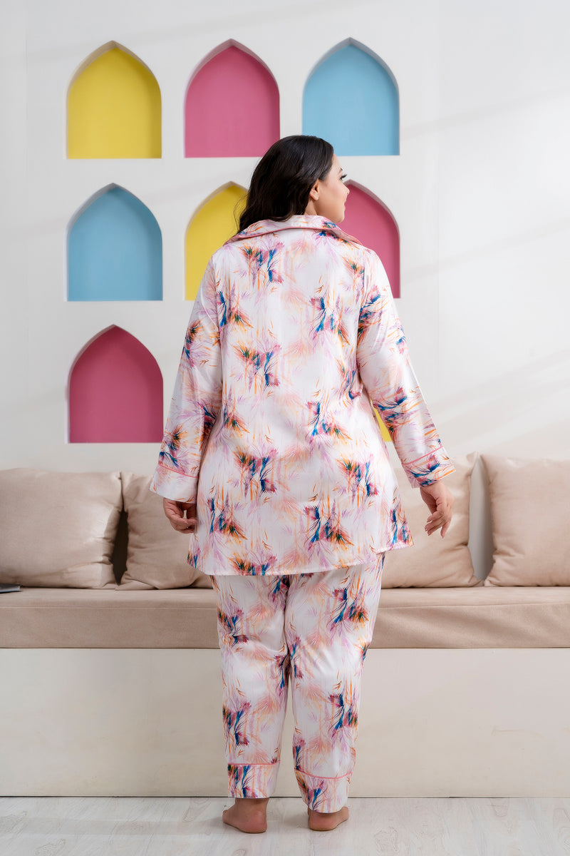 Light Pink Satin Printed Long Shirt & Pyjama Night Suit (Plus Size)